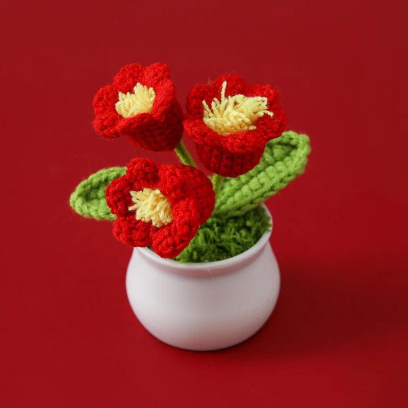 Tulip Handmade Crochet Flowers Potted Finished Woven Bouquet Artificial  Knitted Flower Valentine's Day Gift Home Desktop Decor