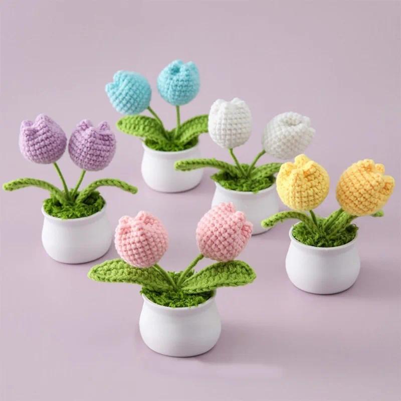 Tulip Handmade Crochet Flowers Potted Finished Woven Bouquet Artificial  Knitted Flower Valentine's Day Gift Home Desktop Decor