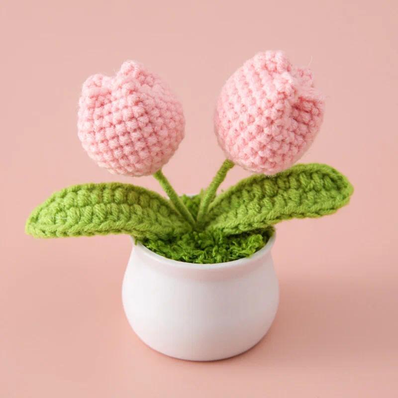 Tulip Handmade Crochet Flowers Potted Finished Woven Bouquet Artificial  Knitted Flower Valentine's Day Gift Home Desktop Decor