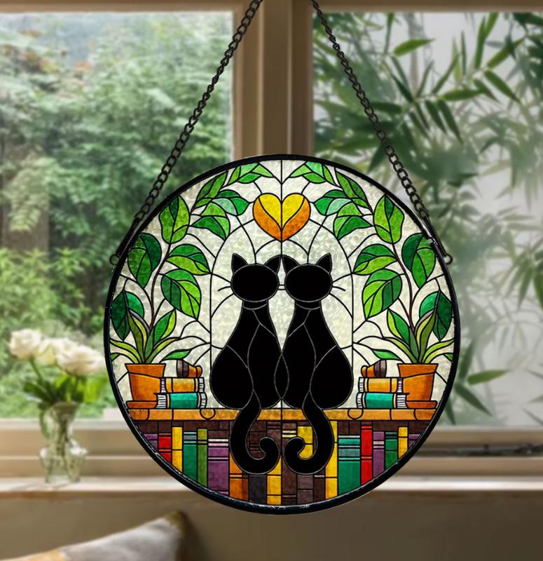 Two Black Cats and Book Stained Glass Sun Catcher – Book Lover’s Window Sign, Decorative Sun Catcher, Ideal Gift for Librarians, Stained Glass Decor