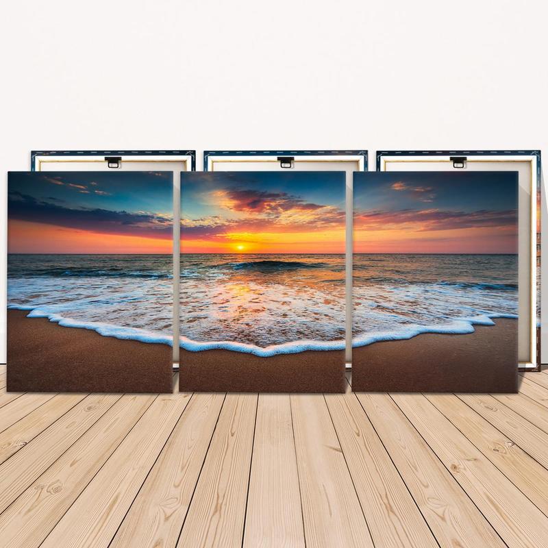 Framed Canvas Painting, 3 Counts Beach Sunrise Natural Landscape Decorative Painting, Modern Wall Art for Home Living Room Bedroom Office Room Decor, Christmas 2024 Ornament, Christmas Gift Ideas, Stocking Stuffers