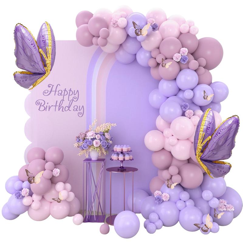 Purple Butterfly Balloon Garland Arch Kit,133pcs Pastel Pink Latex Balloon,Butterfly Foil Balloon Girls Birthday Party Decoration Baby Shower Decor