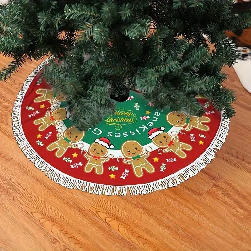 Gingerbread Man Pattern Christmas Tree Skirt, 1 Count Cute Cartoon Christmas Tree Skirt, Holiday Decor for Living Room Home Dining Room Office School