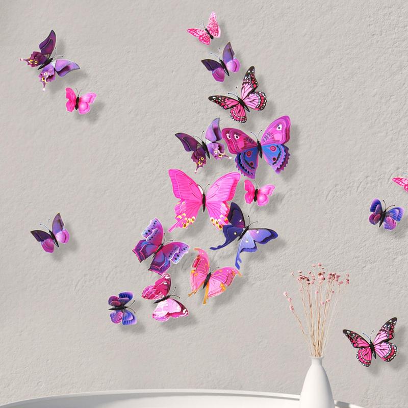 12pcs Butterfly Design Wall Sticker, Creative 3D Double Layer Butterfly Design Wall Decal, Decorative Sticker For Party Cake