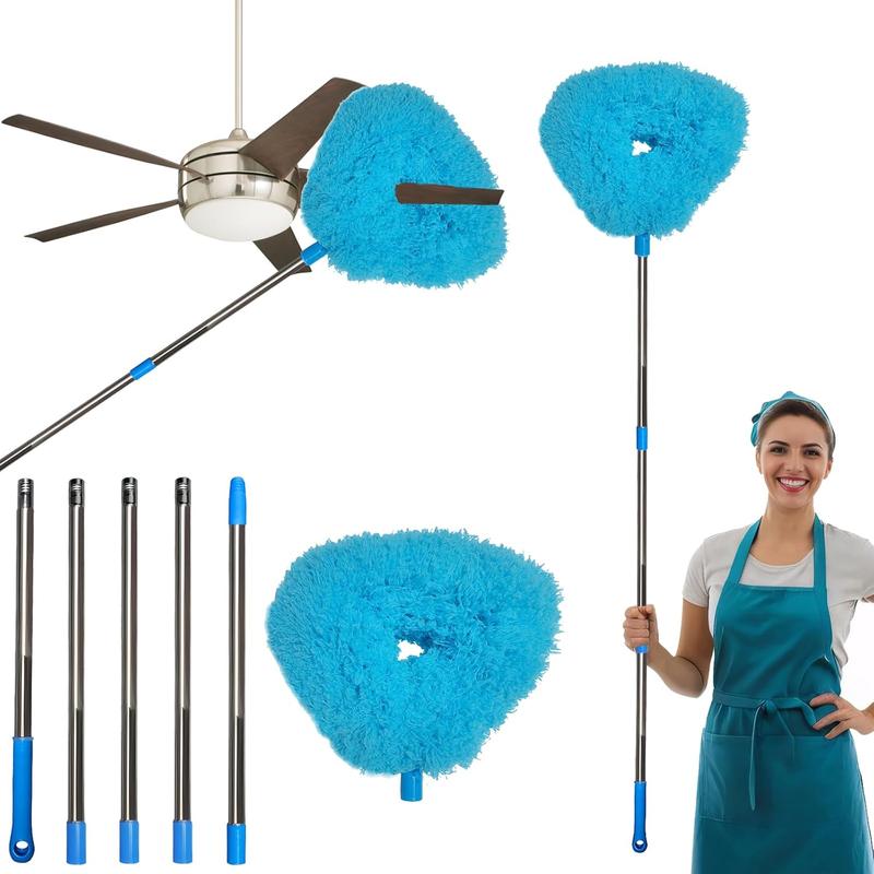 85 Inch Ceiling Fan Cleaner Duster Reusable Microfiber Ceiling Fan Blade Cleaner Removable Duster with Extension Pole for Cleaning Walls Bookshelves Furniture Door Window Top (Light Blue)