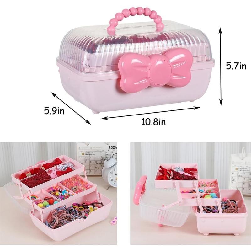 Cute Girls Hair Accessories Storage Box, Plastic Hair Ties Holder Hair Clips Container Headbands Organizer Gift for Girls Multipurpose Organizer (Pink)