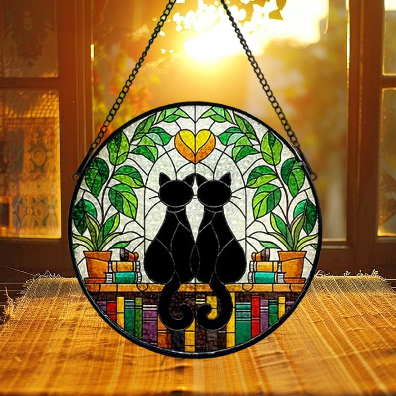 Two Black Cats and Book Stained Glass Sun Catcher – Book Lover’s Window Sign, Decorative Sun Catcher, Ideal Gift for Librarians, Stained Glass Decor