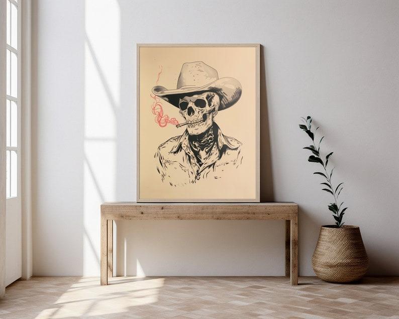 skeleton cowboy print, bar art, vintage art, eclectic wall art, rustic home decor | Framless Poster