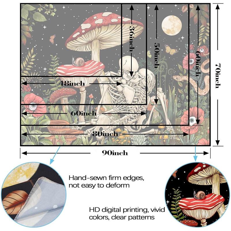 Mushroom Skull Tapestry Skeleton Floral  Flower Aesthetic Bedroom Tapestries Nature Moon Wall Tapestry for Dorm Living Room (48'' x 36'')