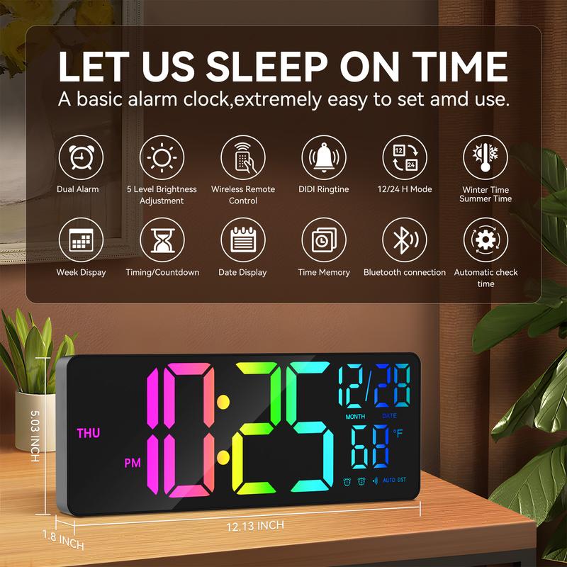 Game Room Wall Clock, RGB Display, Remote Control, 13'' Big Size, Garage Clock, Auto DST, Adjustable Brightness, Large Number Decor