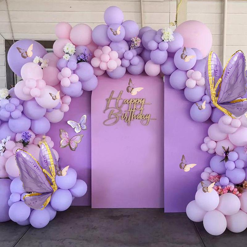 Purple Butterfly Balloon Garland Arch Kit,133pcs Pastel Pink Latex Balloon,Butterfly Foil Balloon Girls Birthday Party Decoration Baby Shower Decor