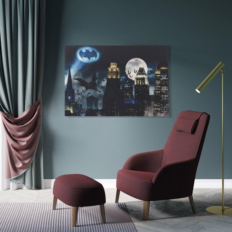 DC Comics Bat Signal Over Gotham City Gallery Wrapped Canvas Wall Decor - Vintage Batman Wall Art for Man Cave Or Movie Room