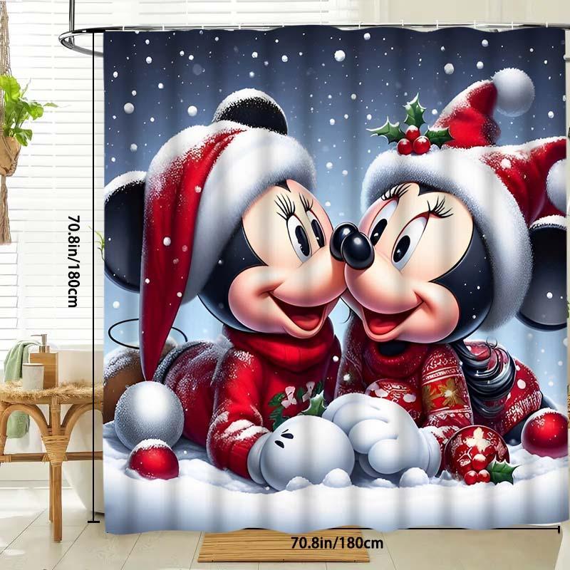 Cartoon Mickey & Minnie Pattern Shower Curtain, 1 Count Waterproof Bathroom Curtain with Hooks, Bathroom Decor Supplies for Home Hotel Salon Dormitory