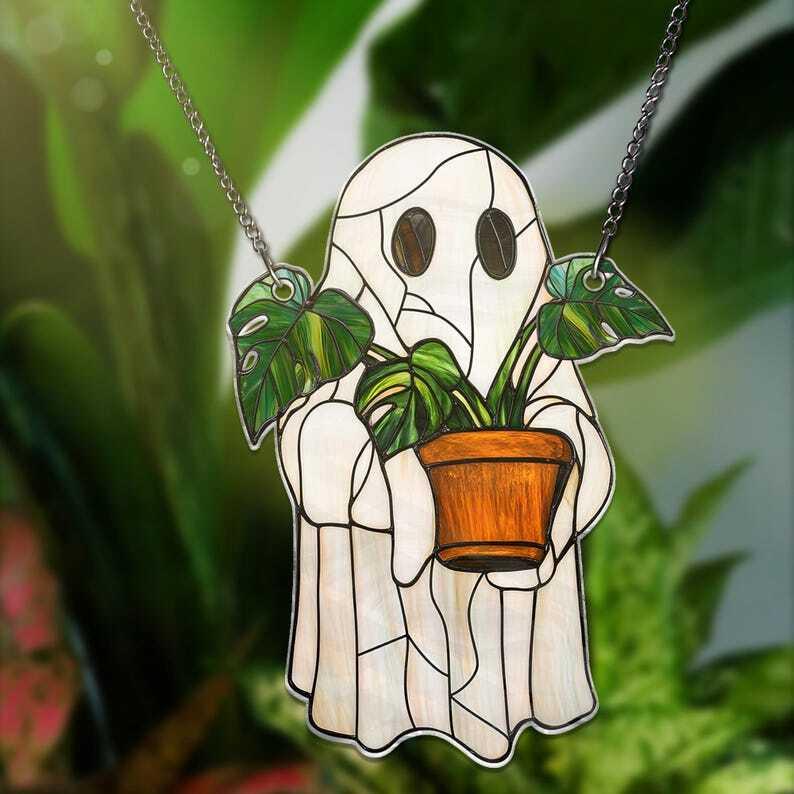 Cute Ghost Plant Suncatcher, Ghost and Monstera Acrylic Window Hanging, Ghost Window Hangings, Plant Lovers Gift, Gift For Mom, Plant Lover