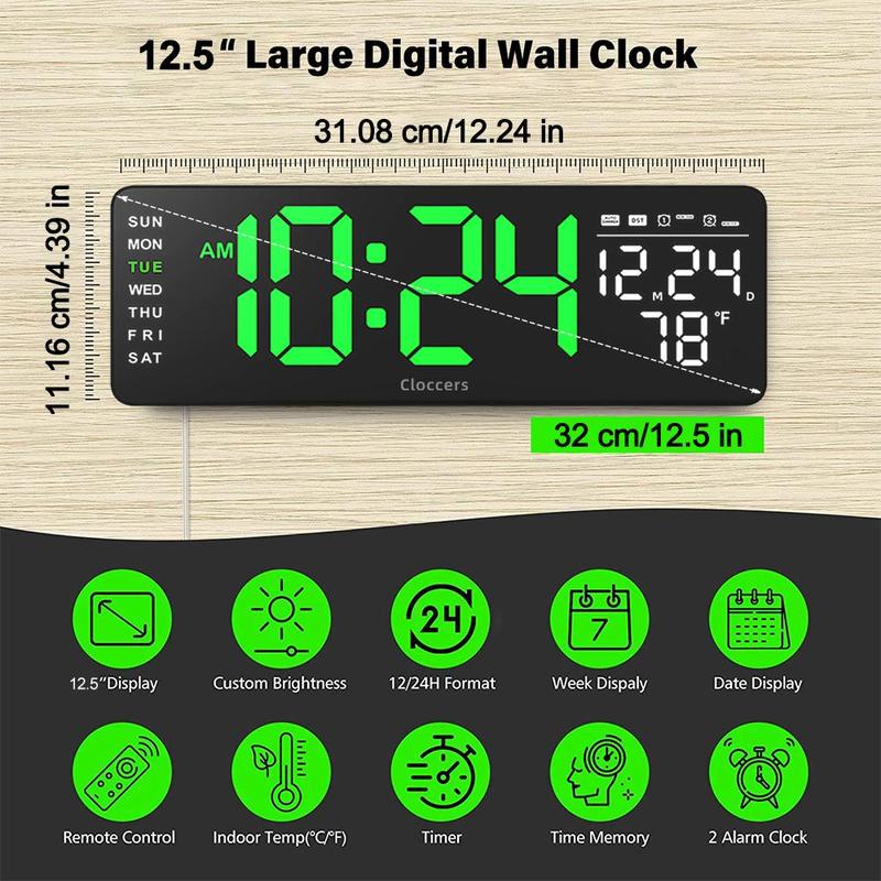 USB & Battery Charging Digital Wall Clock without Battery, 1 Count Remote Control Large Screen Wall Clock with Indoor Temperature Date Week Display, Countdown Digital Timer, Stocking Fillers Gift, Digital Clock