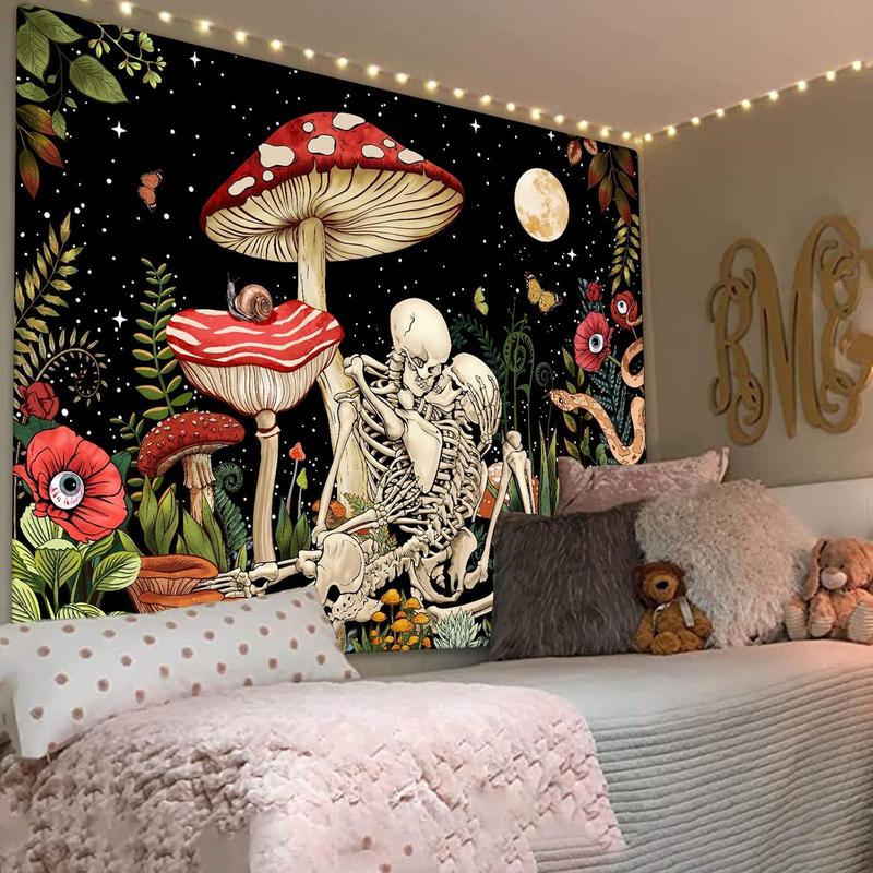 Mushroom Skull Tapestry Skeleton Floral  Flower Aesthetic Bedroom Tapestries Nature Moon Wall Tapestry for Dorm Living Room (48'' x 36'')