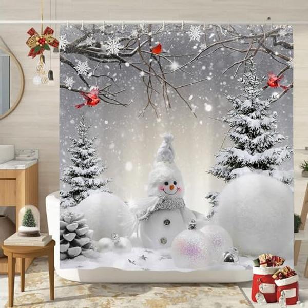 Christmas Snowman Shower, Grey Winter Forest Cardinal Snowflake Xmas Holiday Curtains, Christmas Bathroom Decor with Hooks Waterproof Fabric 72