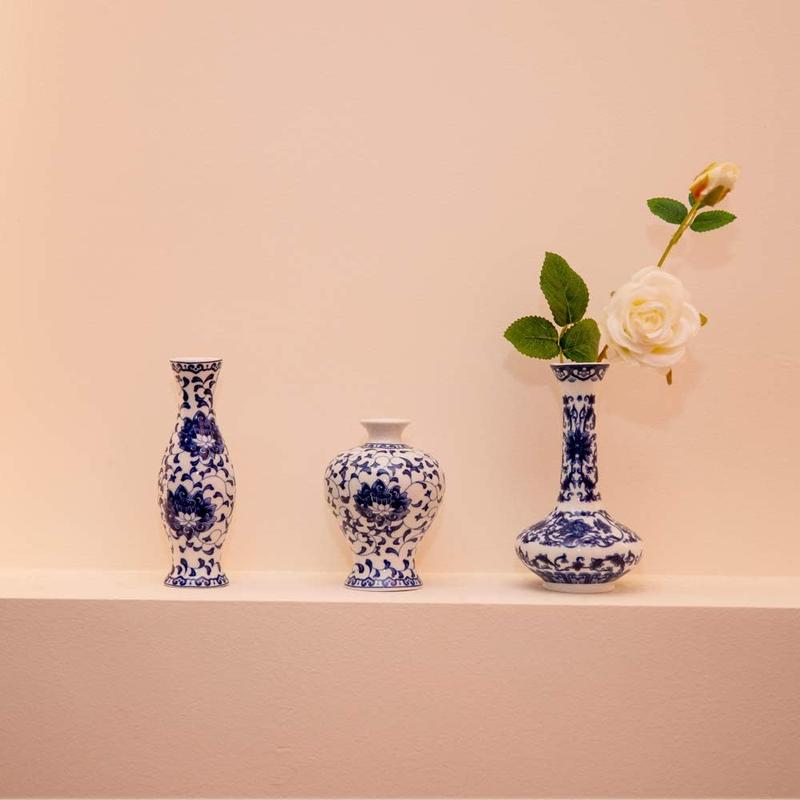 Set of 3 Small Blue & White Porcelain Vases, Fambe Glaze Porcelain Vases Set of 3, Classic Ceramic Flower Vases for Home Decor