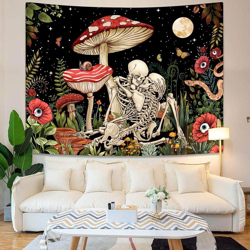 Mushroom Skull Tapestry Skeleton Floral  Flower Aesthetic Bedroom Tapestries Nature Moon Wall Tapestry for Dorm Living Room (48'' x 36'')