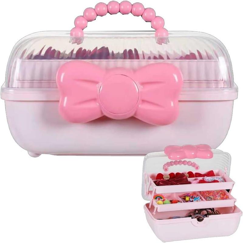 Cute Girls Hair Accessories Storage Box, Plastic Hair Ties Holder Hair Clips Container Headbands Organizer Gift for Girls Multipurpose Organizer (Pink)