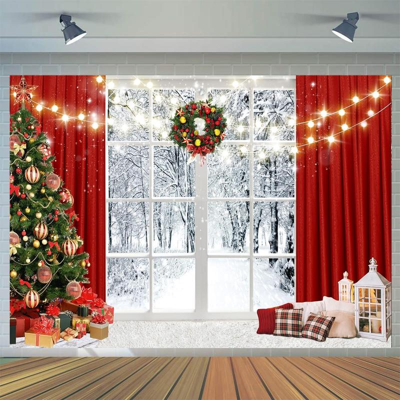 CYLYH 10x8ft Christmas Window Backdrop for Photography Winter Snow Scene Xmas Party Decorations Background Christmas Festival Party Banner Backdrop