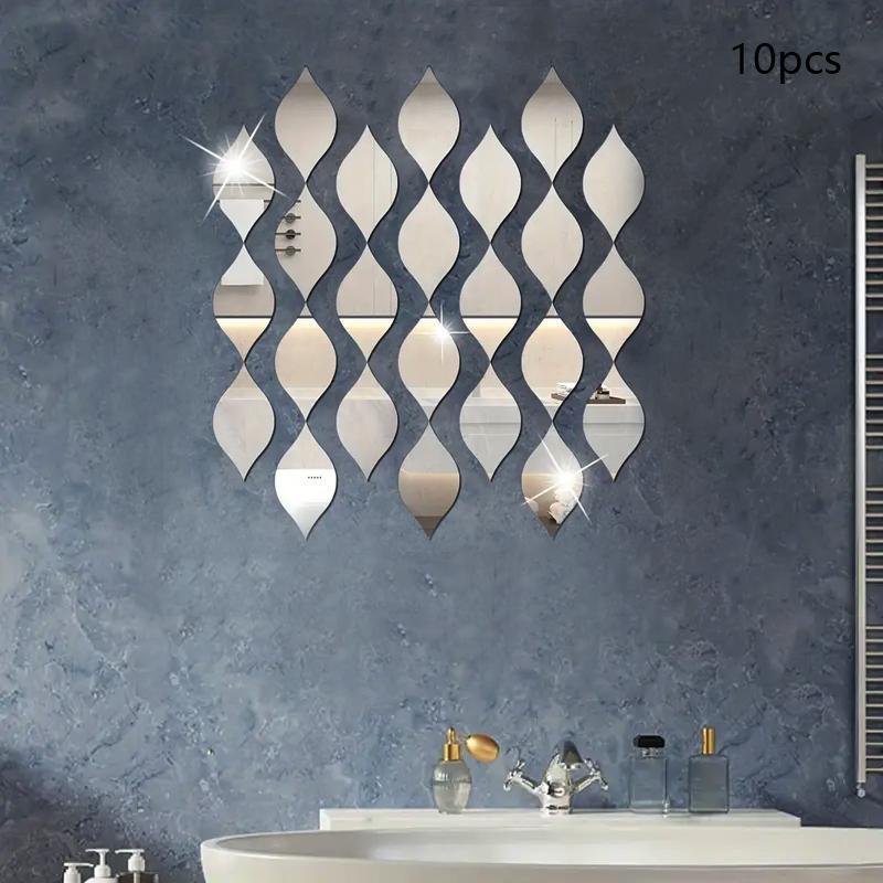 Water Drop Shaped Mirror Wall Sticker, 10pcs set Geometric Pattern Acrylic Mirror Wall Sticker, Removable Wall Sticker, DIY Wall Decal for Living Room Bathroom Home Decoration