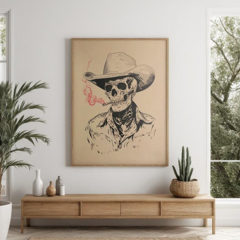 skeleton cowboy print, bar art, vintage art, eclectic wall art, rustic home decor | Framless Poster