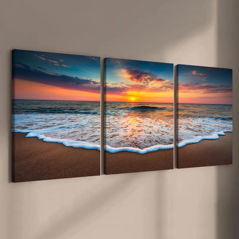 Framed Canvas Painting, 3 Counts Beach Sunrise Natural Landscape Decorative Painting, Modern Wall Art for Home Living Room Bedroom Office Room Decor, Christmas 2024 Ornament, Christmas Gift Ideas, Stocking Stuffers