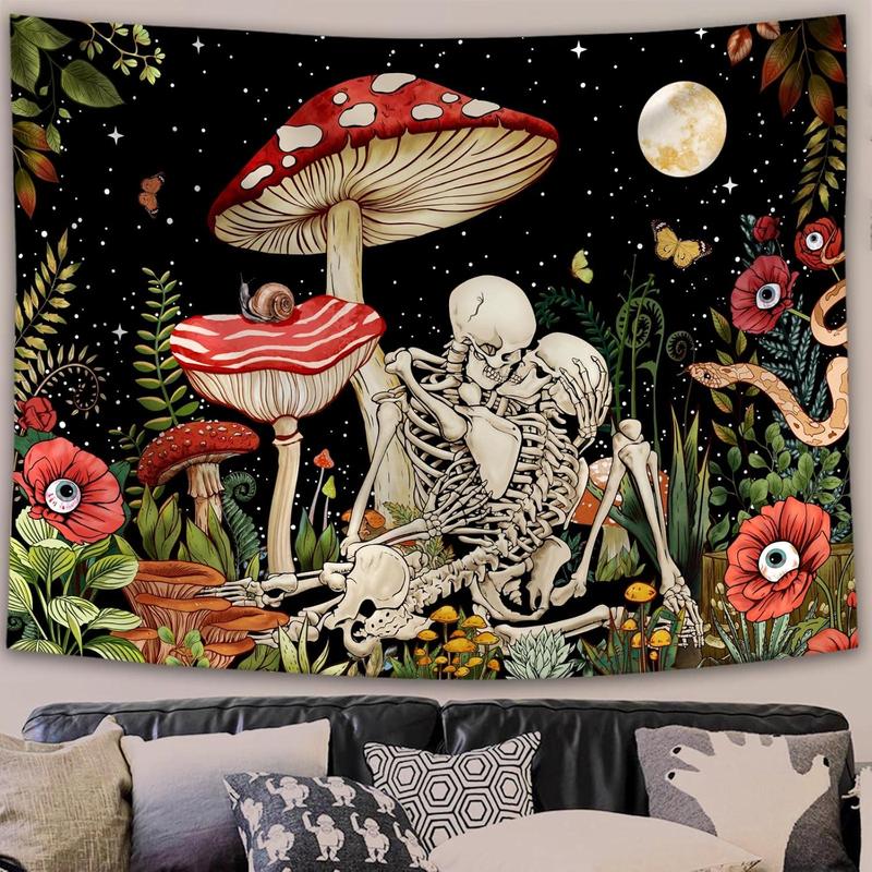 Mushroom Skull Tapestry Skeleton Floral  Flower Aesthetic Bedroom Tapestries Nature Moon Wall Tapestry for Dorm Living Room (48'' x 36'')