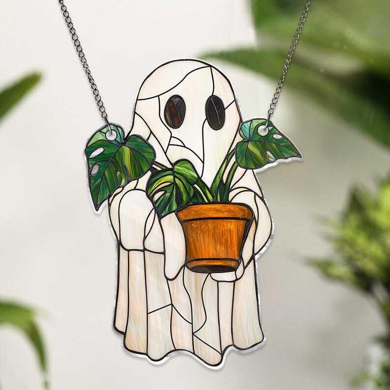 Cute Ghost Plant Suncatcher, Ghost and Monstera Acrylic Window Hanging, Ghost Window Hangings, Plant Lovers Gift, Gift For Mom, Plant Lover