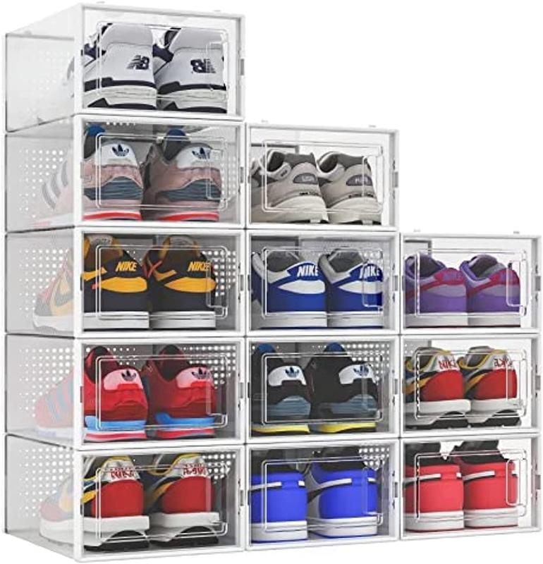 12 Pack Shoe Organizer Storage Bins Clear Plastic Stackable Shoe Boxes for Closet, Space Saving Foldable Shoe Storage Case, Sneaker Storage Shoe Box Container Laundry Lightweight Room