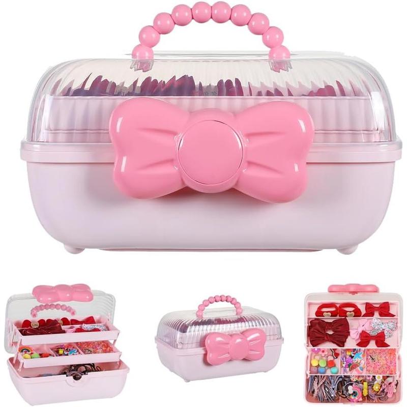 Cute Girls Hair Accessories Storage Box, Plastic Hair Ties Holder Hair Clips Container Headbands Organizer Gift for Girls Multipurpose Organizer (Pink)