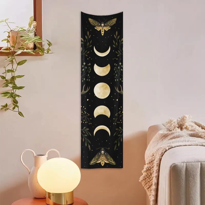 Moon & Plant Print Posters Tapestry for Home Decor, 1 Count Home Decor Boho Moon Phase Wall Hanging Ramadan Decorations, Ramadan Wall Decor for Home Bedroom & Living Room, Cool Bedroom Accessories