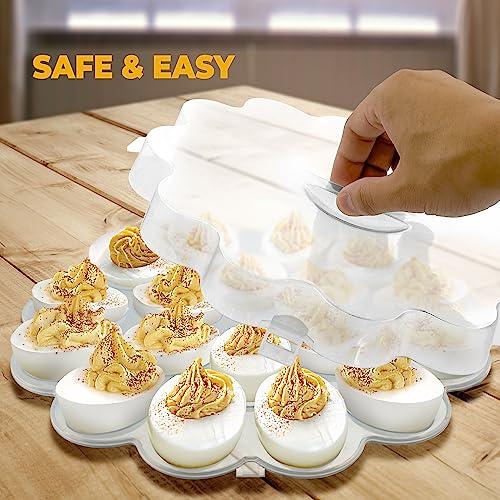 Deviled Egg Containers with Lid - 12-inch Round Serving Plate with 15 Egg Slots - Disposable Plastic Egg Holder, Platter for Fruits, Veggie, Finger Food - Stackable, Easy Storage