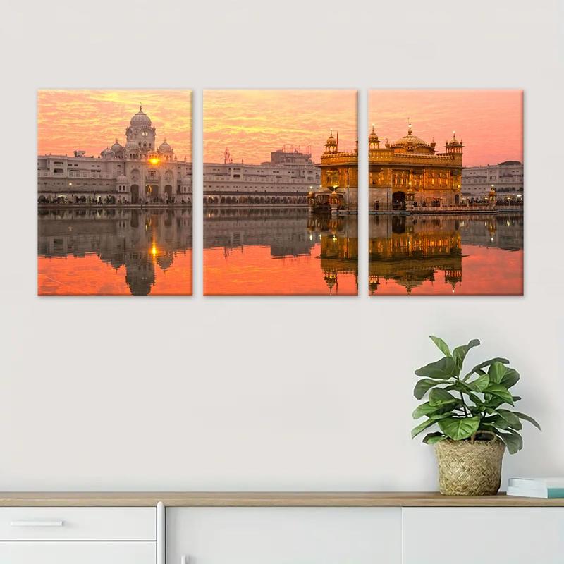 Wooden Framed Canvas Painting, 3 Counts set Modern Architectural Sunset Pattern Wall Art, Wall Decor for Home Living Room Bedroom Office