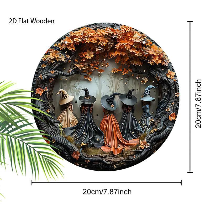 Christmas Witch Pattern Wooden Hanging Sign, 1 Count 2d Relief Design Round Wooden Wreath Sign, Ideal Festival Decoration for Yard Door Balcony Decor, Gift