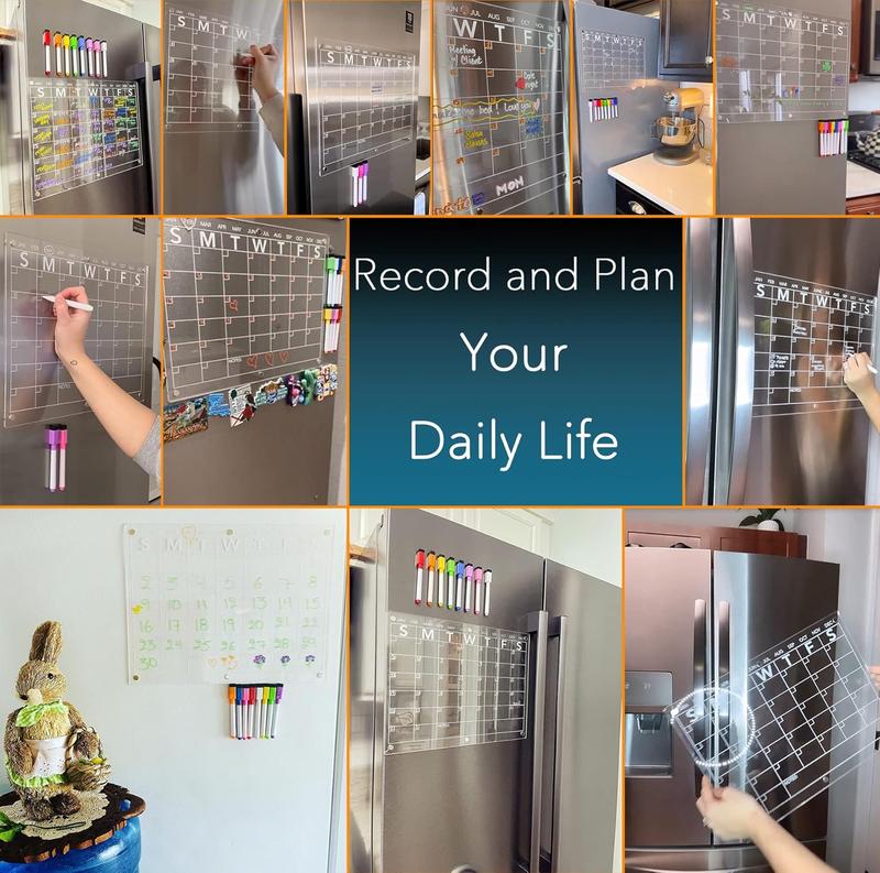 Acrylic Magnetic Dry Erase Board Calendar for Fridge, Clear Monthly Planner Whiteboard for Refrigerator, w  8 Colors Dry Erase Markers, 15