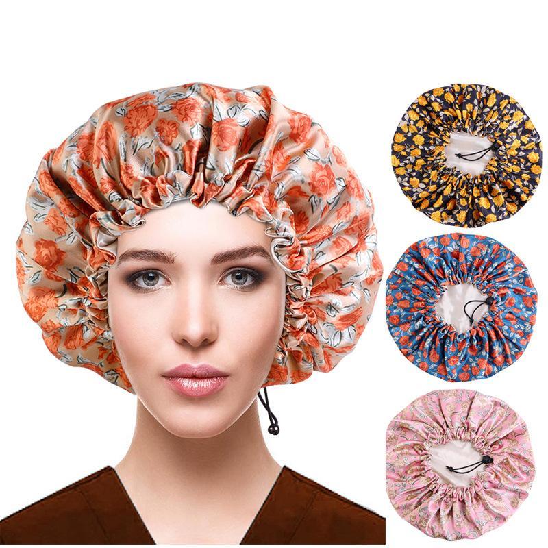 Double Layer Floral Print Hair Cap, Adjustable Hair Bonnet, Hair Care & Styling Cap for Women & Men