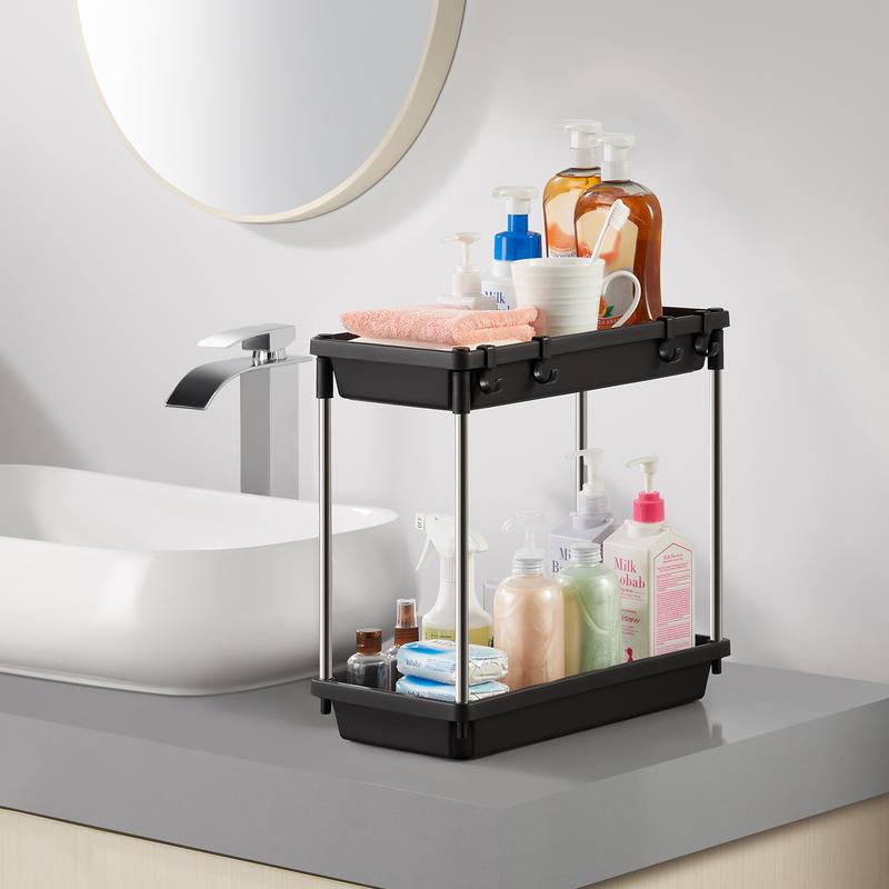 Lifewit Under Sink Organizer, 2 Tier Shelf Rack with 4 Hooks for Bathroom Cabinet Kitchen Countertop Office Holder Storage, Multi-purpose Baskets Holder for Space Saving, Easy Assembly