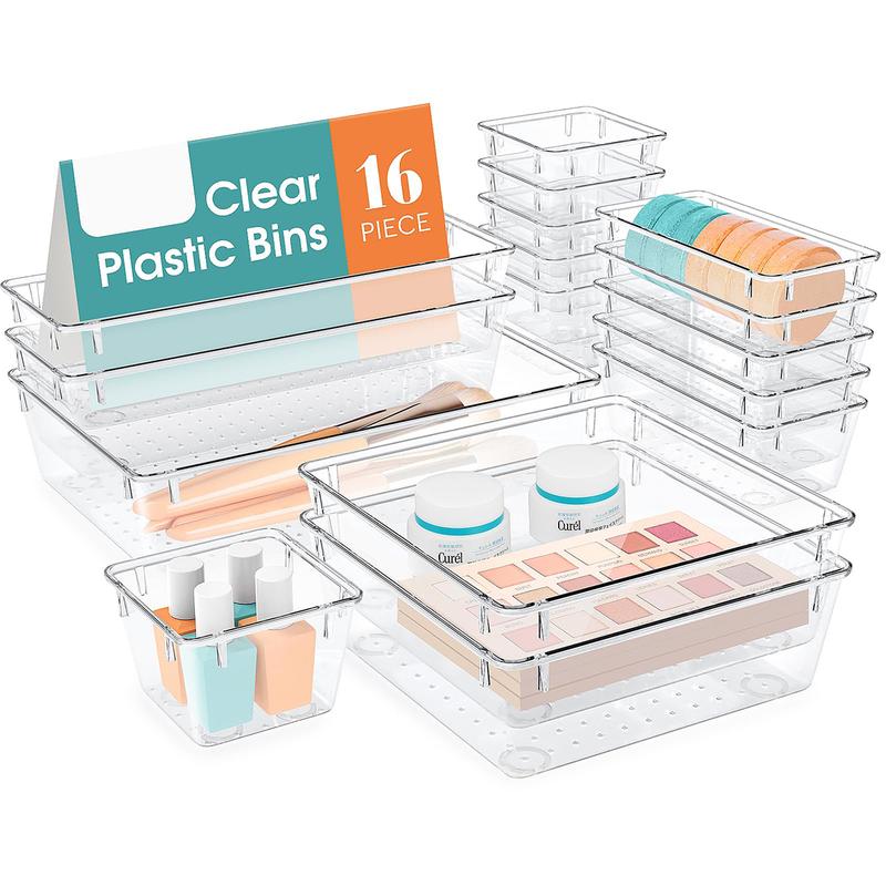 16 Pcs Clear Drawer Organizer, 5 Varied Size Multi-functional Stackable Bedroom Dressing Table Storage Box for Cosmetic Stationery, Desk Accessories, Kitchen and Office Storage Box, Home Decor