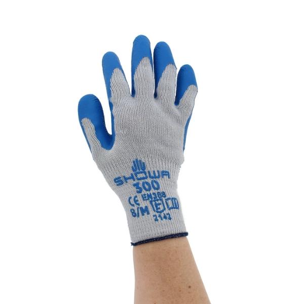 12 Pairs - SHOWA ATLAS 300 Natural Latex Palm Coated General Purpose Work Glove - Blue, Size Medium and Large - Pack of 12 Pairs