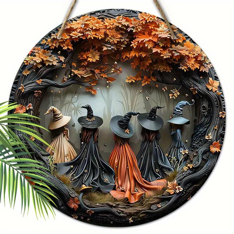 Christmas Witch Pattern Wooden Hanging Sign, 1 Count 2d Relief Design Round Wooden Wreath Sign, Ideal Festival Decoration for Yard Door Balcony Decor, Gift