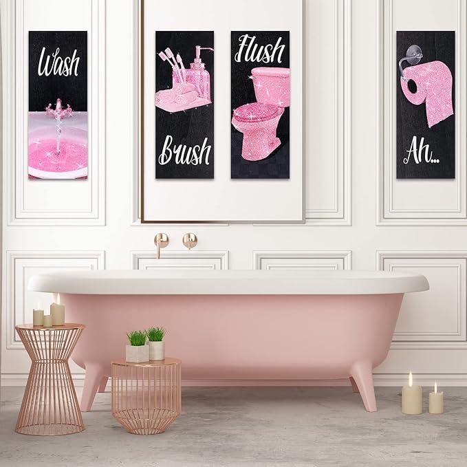 4 Pcs Women Funny Wall Art Bathroom Decor 9.84 x 3.94 x 0.2 Inch Glam Bathroom Wall Decor Modern Women Funny Bathroom Wood Hanging Decors for Home Bathroom(Sweet,Pink)