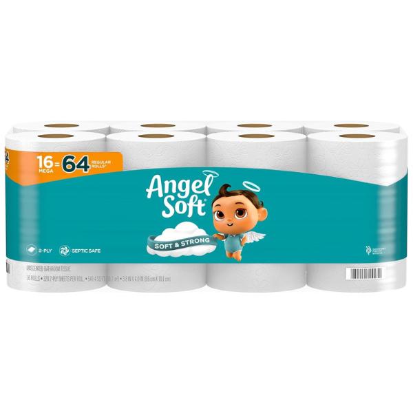 [Cyber Monday Sale] Angel Soft Toilet Paper, 16 Mega Rolls = 64 Regular Rolls, Soft and Strong Toilet Tissue Christmas Gift