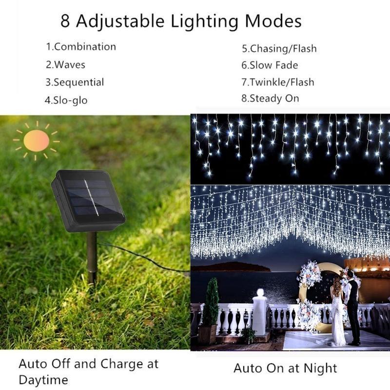 Solar Outdoor Light with 8 Modes Icicle Lights, 1 Count Solar 96 LED Christmas Lights Outdoor with 16 Drops, Gaming Lights, Waterproof Fairy String Lights for Party, Holiday, Wedding & Garden Decor