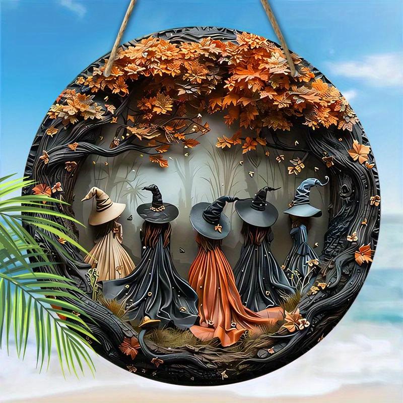 Christmas Witch Pattern Wooden Hanging Sign, 1 Count 2d Relief Design Round Wooden Wreath Sign, Ideal Festival Decoration for Yard Door Balcony Decor, Gift