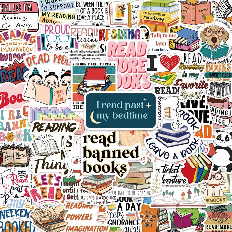 Reading Themed Sticker, 50pcs set Cartoon Book Pattern Sticker, Room Decor, Decorative Sticker for Phone Case, Computer, Guitar, Bag, Water Cup, Scrapbook, Trending Home Decor 2024