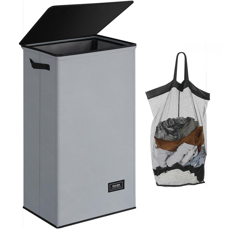 SOLEDI Laundry Hamper with Lid 100L Large & Tall Collapsible Laundry Basket, Clothes Hamper with Bag Removable Easy to Carry, Dirty Hampers for Bedroom, Bathroom, Dorm, College, Blue Grey Organiser