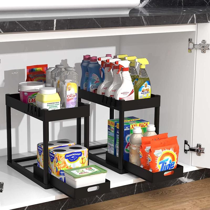 Limited Time Deal: 2PC Under Sink Organizer Rack! 2-tier sliding cabinet baskets with 4 hooks. Multi-purpose storage for bathroom, kitchen.