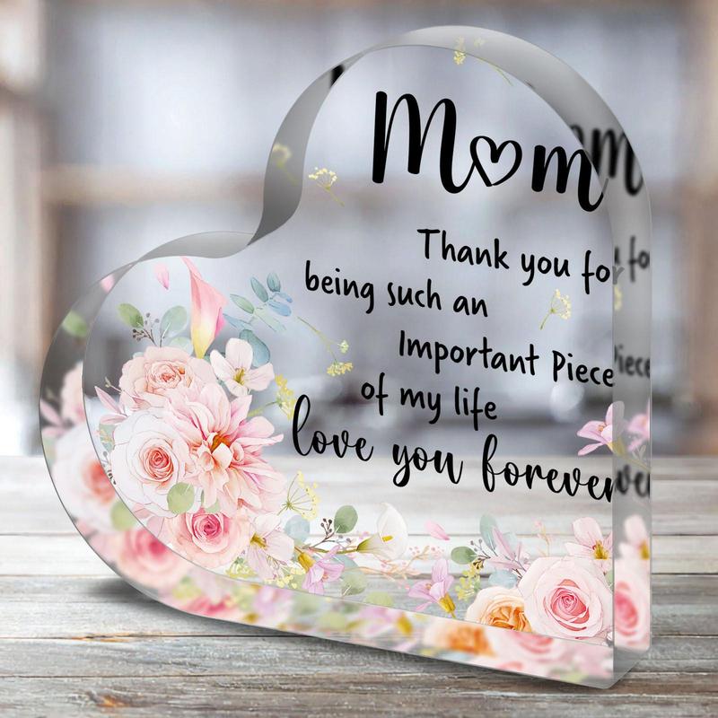 Heart Shaped Acrylic Plaque, Flower Pattern Acrylic Ornament, Desktop Decoration, Mom Gift, Gift for Mom, Home Decor, Party Decor, Birthday Gift